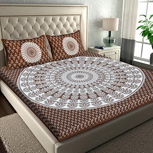 Image of RajasthaniKart Comfort Rajasthani Jaipuri Traditional Sanganeri Print 144 TC Cotton Double Size Bedsheet with 2 Pillow Covers (Double, Brown)