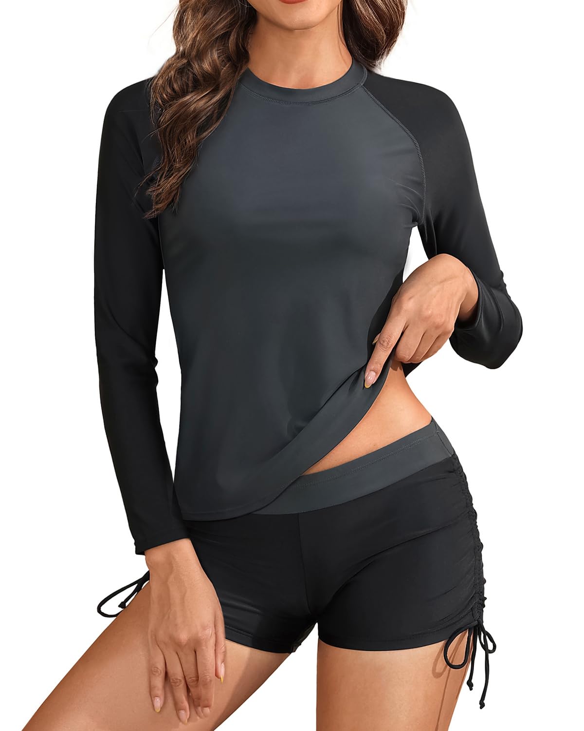 Two Piece Women Rash Guard Long Sleeve Swimsuit Swim Shirt with Boy Shorts Modest Bathing Suit, Grey Black, X-Large-image-1