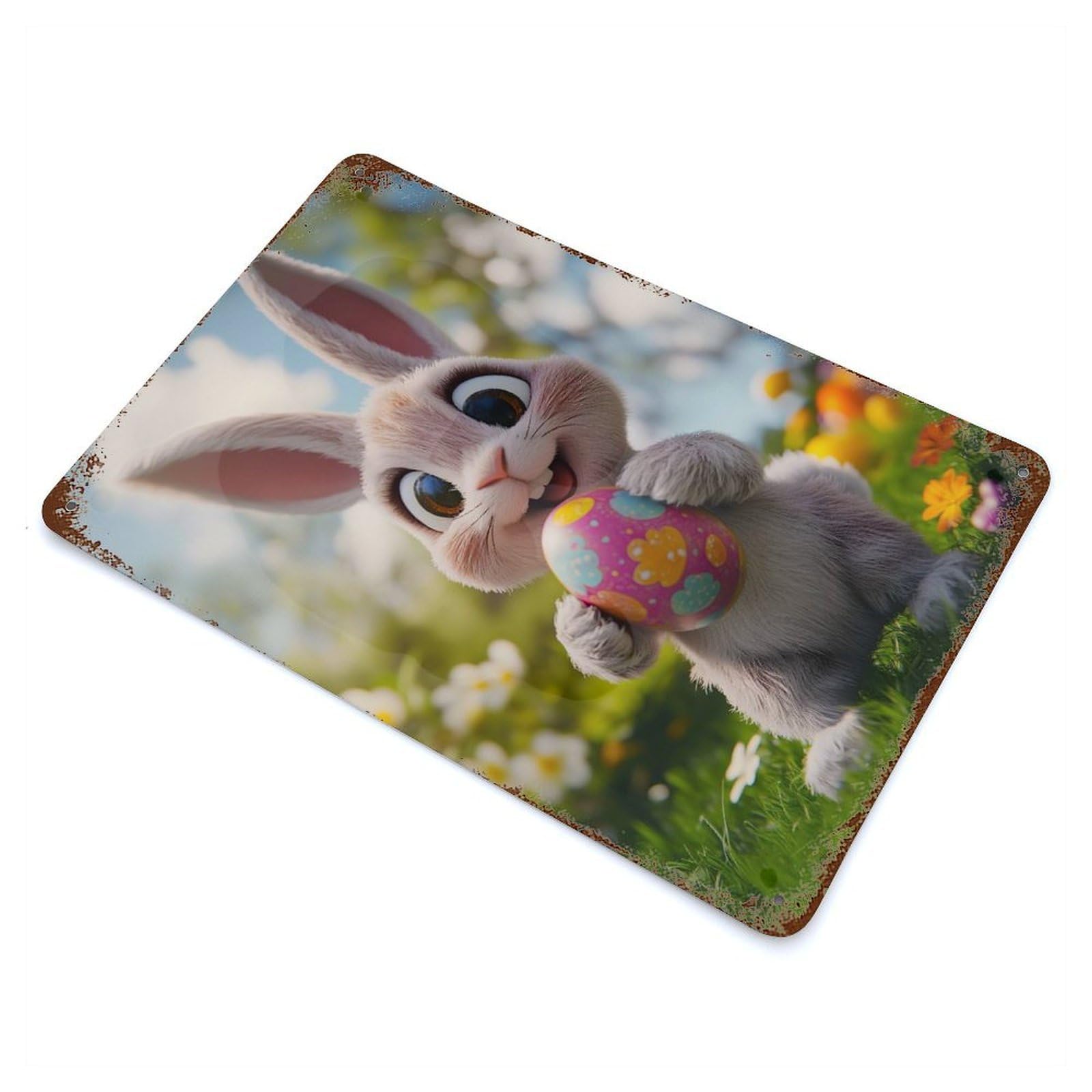 Garage Style Cute Easter Bunny Distressed Metal Wall Sign 11.8"x7.9", Decorative Metal Wall Art for Bar And Workshop
