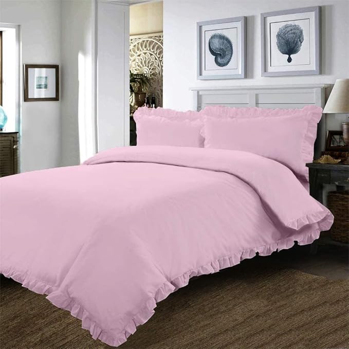 100% Egyptian Cotton, 5 PCS Border Edge Dust Ruffle Duvet/Rajai Cover With Zipper Closure (1 Piece Border Ruffle Duvet Cover and 4 Piece Pillow Cover ) 1000 Thread Count- King Size, Pink Solid
