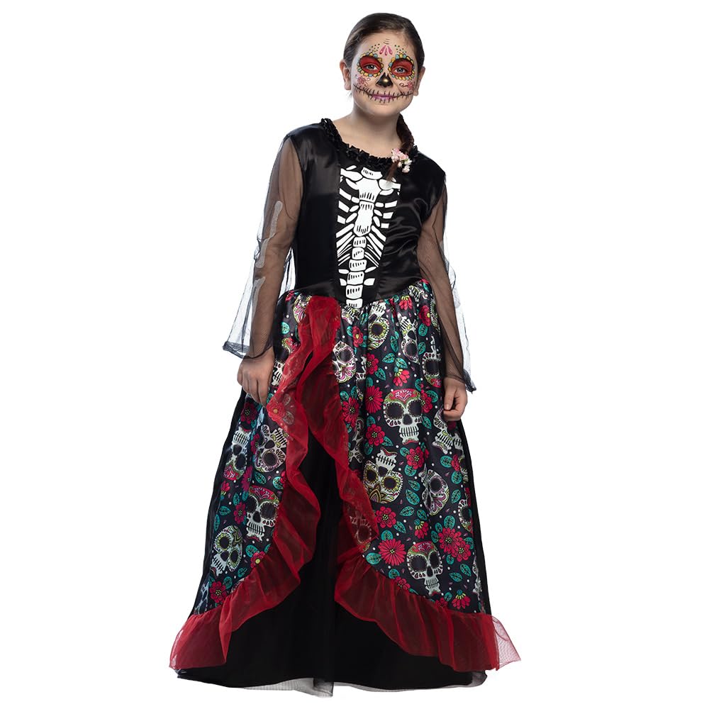 Boland - Kinder-Kostüm Totenkopf, langes Kleid mit Skelett-Motiv, Skeleton, Verkleidung, Halloween, Karneval, Mottoparty