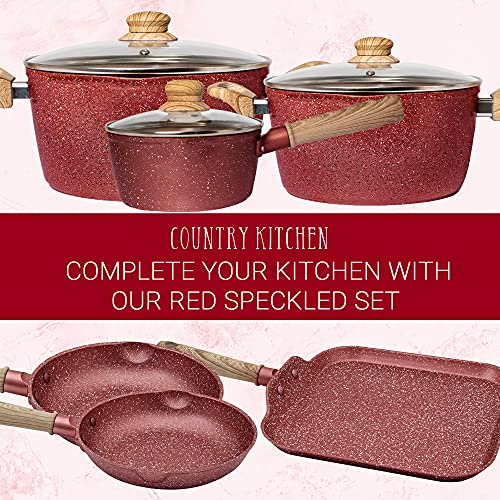 Country Kitchen Cookware Forged Aluminum Saucepan, 1.5 Quart, Non Stick Speckled Pan with Lid, For Gas, Electric, Induction Cooktop (Red) Main Image