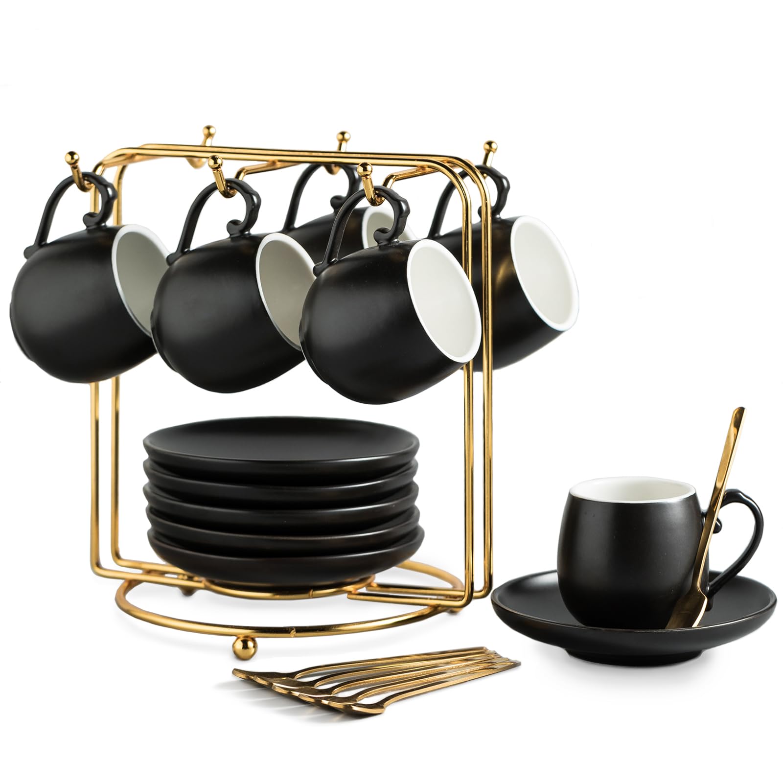 Filiżanki do espresso i spodki, zestaw filiżanek do kawy z metalowym stojakiem, 85 ml, kubki do espresso, cappuccino, latte, zestaw 6 czarnych