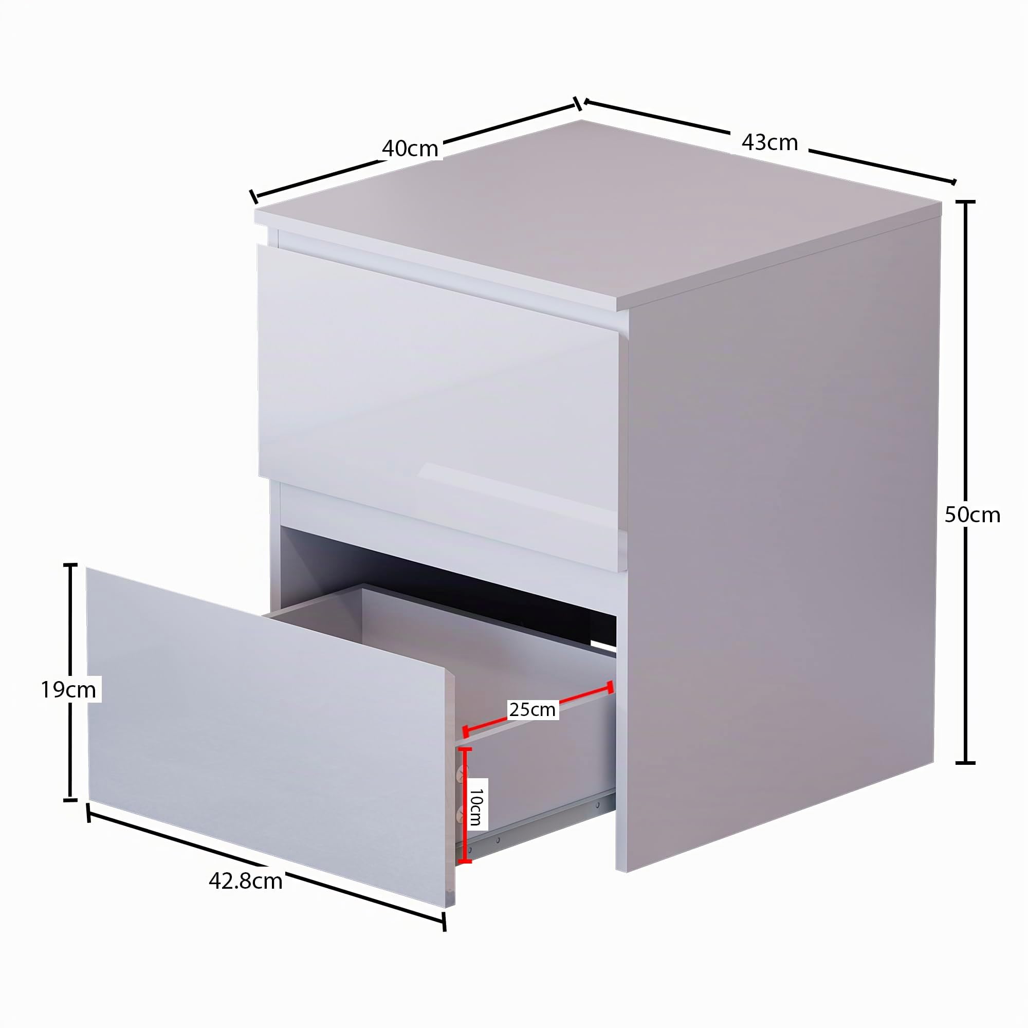 Vida Designs Glinton Commode de Chevet 2 tiroirs Blanc FSC 100%, Bois d'ingénierie, H 50 x W 43 x D 40 centimetres