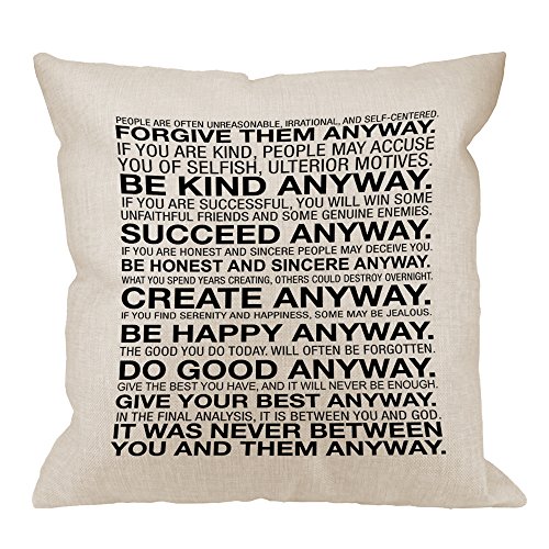 HGOD DESIGNS Inspirational Quotes Pillow Case, Mother Teresa Anyway Quote Cotton Linen Cushion Cover Square Standard Home Decorative Throw Pillow for Men/Women 18x18 inch White Black