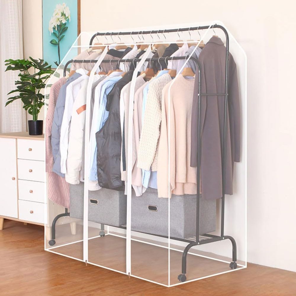 Double Hanging Rods Clothes Rail Widen Dust Cover, Portable Closet with Cover, Garment Rack Cover Clothes Protector with Zipper for Bedroom Shop Office