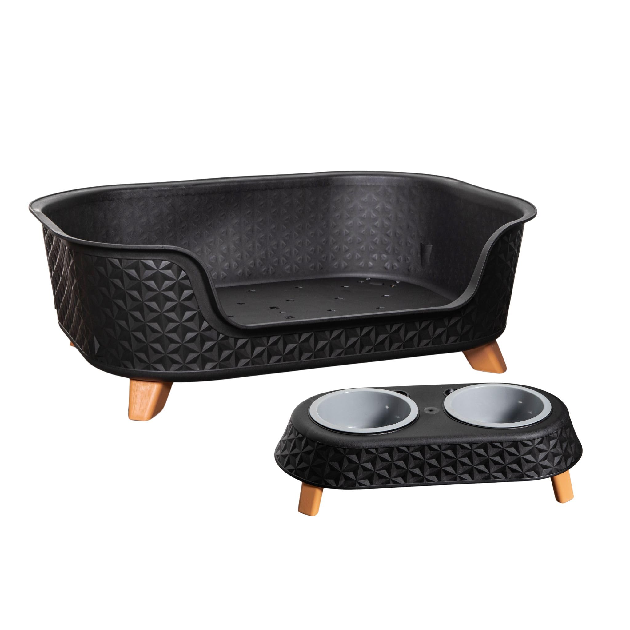Samuel ALEXANDER 77cm x 58cm Black Plastic Raised Pet Basket with Legs and Black Plastic Double Pet Bowl Feeder with Stand Set