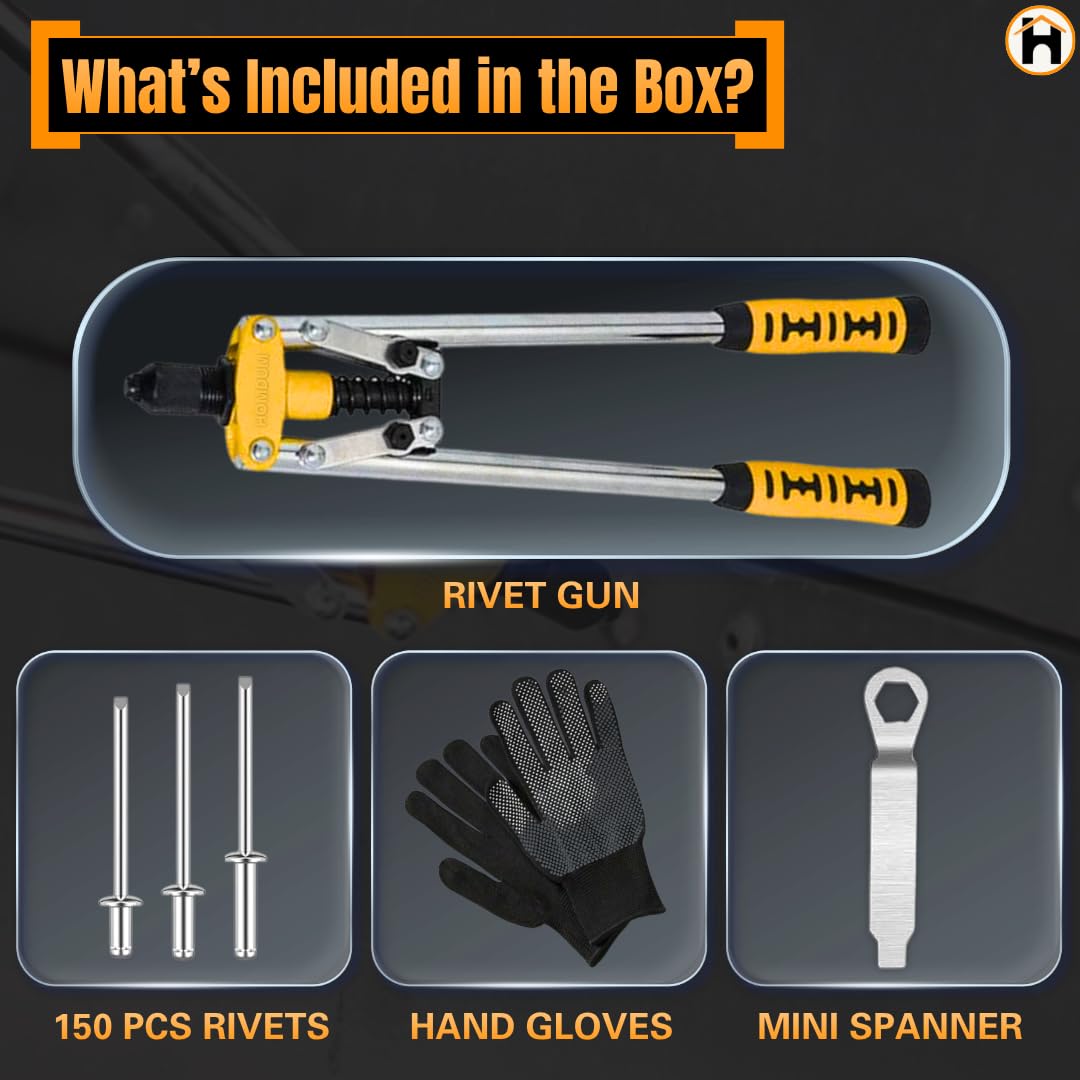 Homdum 17 Inch Heavy Duty Double Handle Rivet Gun With Pop Rivets, Hand Pull Riveter Nail Gun with 60 Nos Blind Rivet and Gloves (Yellow/Orange) 3