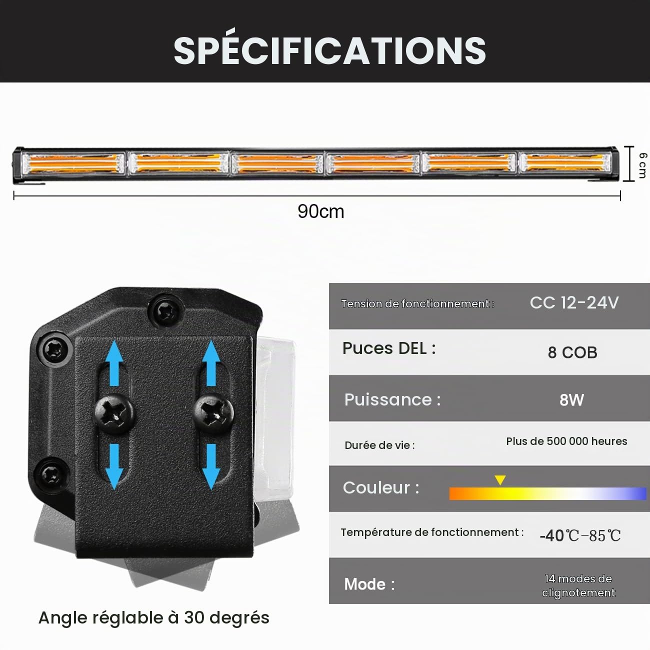 antom 90cm 60W Gyrophare Orange LED, 12V/24V Jaune LED Avertissement et 3 meters cordons,14 Modes stroboscopiques clignotants