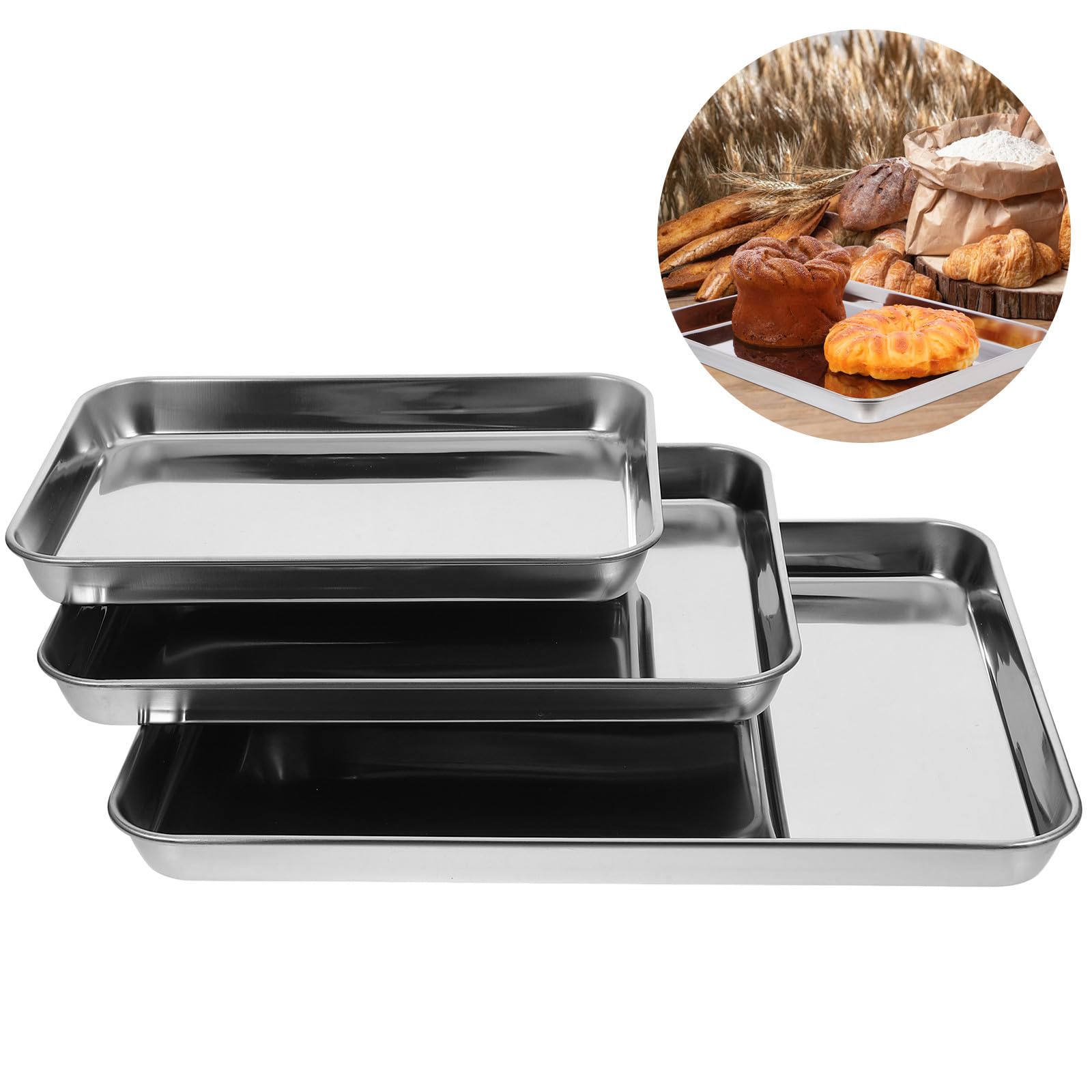 Adorainbow Lot de 3 Plaques à Pâtisserie Rectangulaires en Acier Inoxydable 430, Antiadhésives et Faciles à Nettoyer, pour Repas en Plein Air et Fête Gourmande