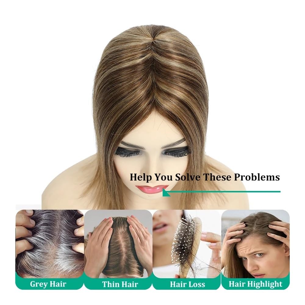 Topper for capelli umani da donna | For diradare i capelli e coprire le radici grigie(Blonde,12 INCH_12X13 CM)