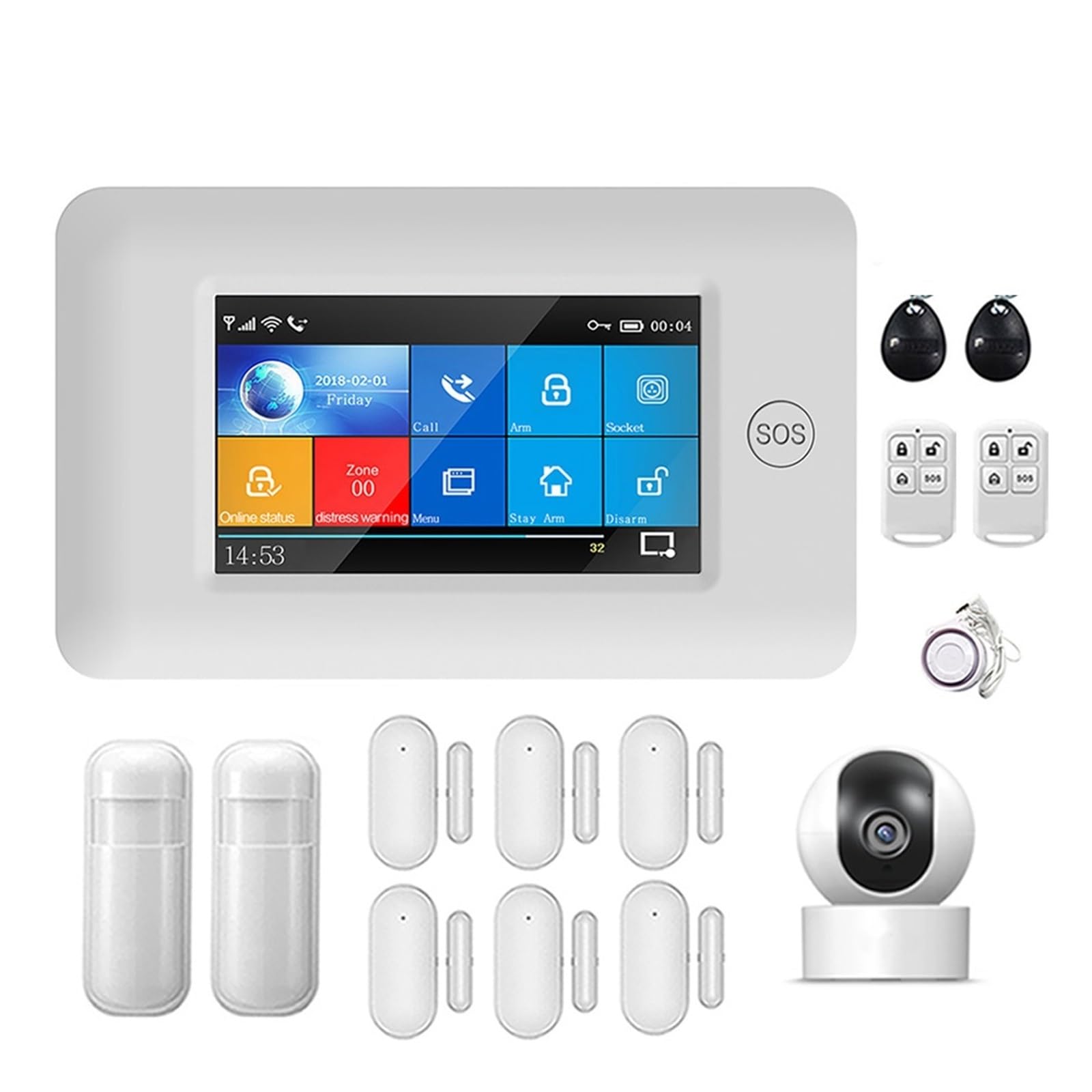 Sistema di Allarme di Sicurezza Domestica, gsm Smart Home Security di Allarme Wireless 433 MHz 4.3 Pollici Full Touch Screen Rilevatore Movimento Sensore Porta Fumo
