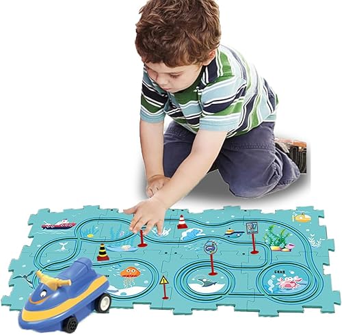 Miniatura 68 de Regalo de cumpleaños para niño de 4 años: set de pista de autos Puzzle Racer con mapa de carretera. Juguete de pista de autos y rompecabezas ideal