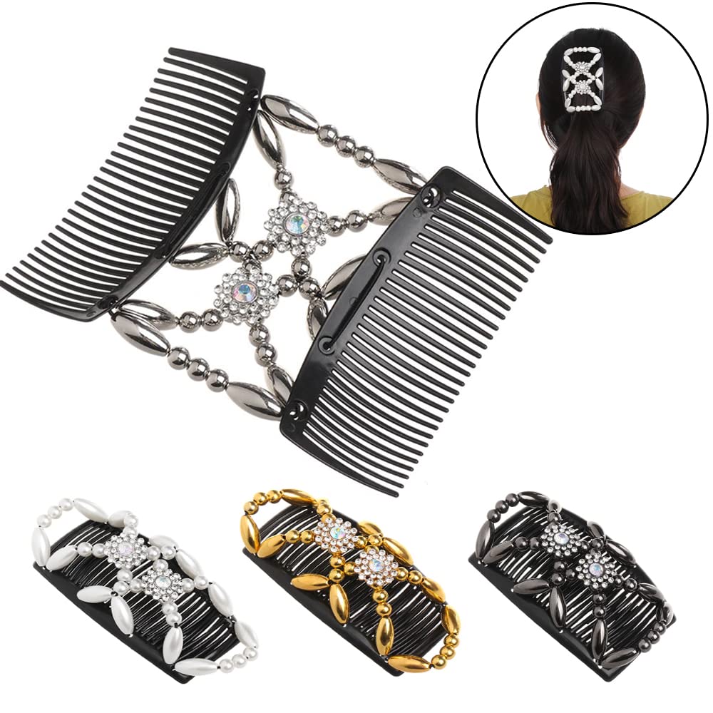 3PCS Hair Slides for Women,Crystal Beads Hair Combs Beaded Slides Double Clip Magic Elastic Double Sided Clips Hair Comb for Hairstyling Hair Accessories(Flowers) - Image 2