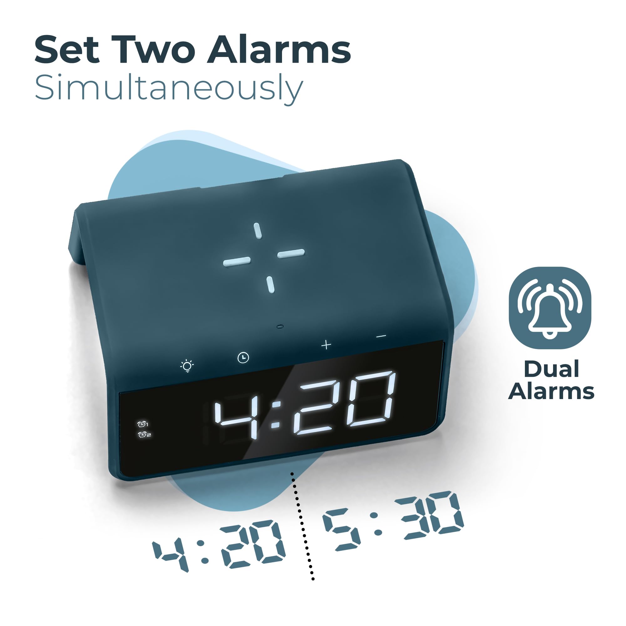 Caliber Cyfrowy budzik ze światłem, ściemniany wyświetlacz, podwójny alarm i stacja ładująca Quick Charge, dla dzieci i osób śpiących głęboko, głośny alarm, zegar cyfrowy