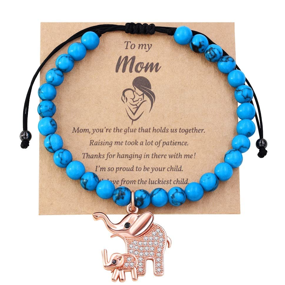 Image of Matte Agate Black Onyx /Turquoise Beads Bracelet, Good Luck Mom and Baby Elephant Bracelet, To My Mom Bracelet Gifts for Mothers Day from Daughter