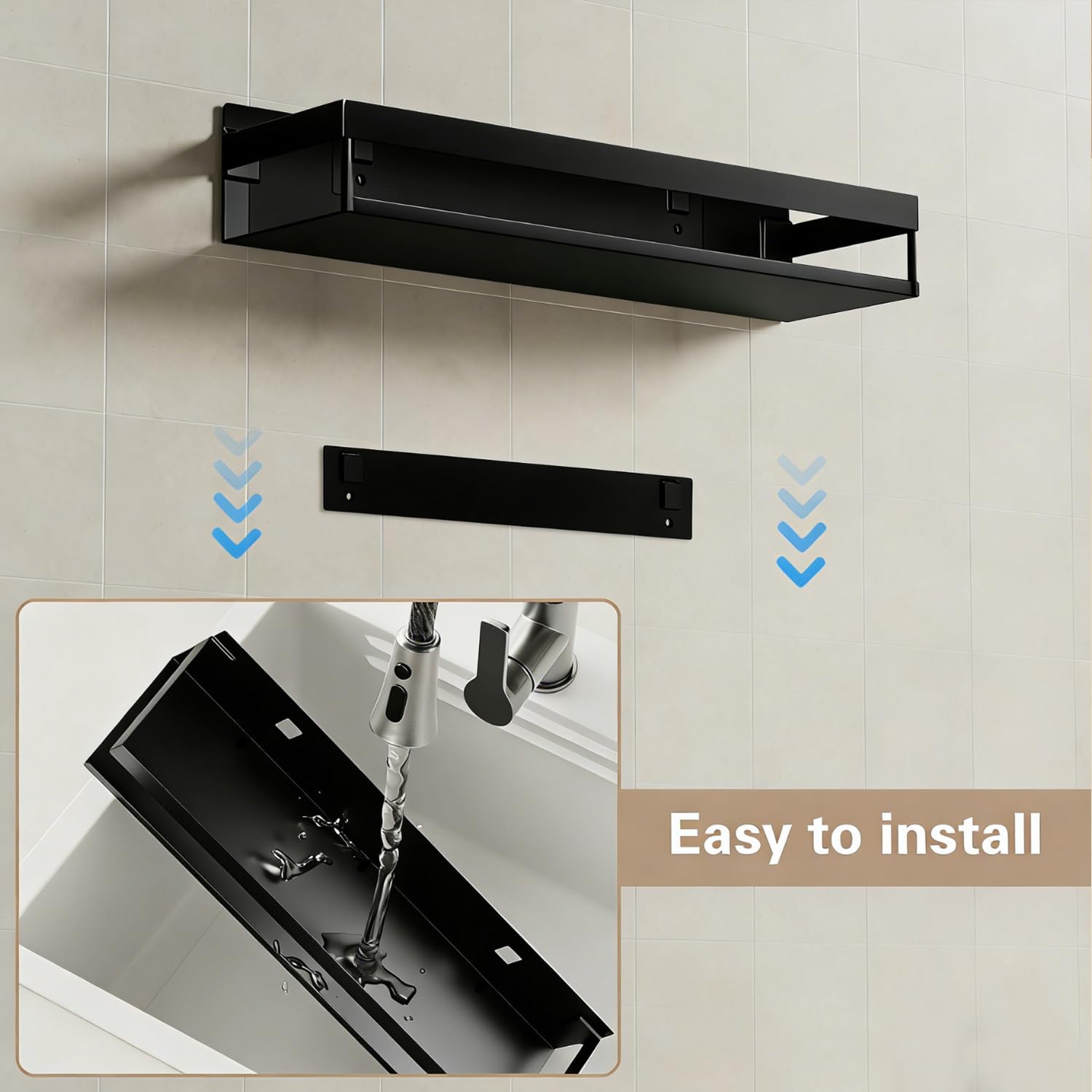 Paquete de 2 especieros de pared de 40 cm sin taladrar, con 6 ganchos, estante de almacenamiento de cocina, organizador de baño, estante colgante para balcón, color negro
