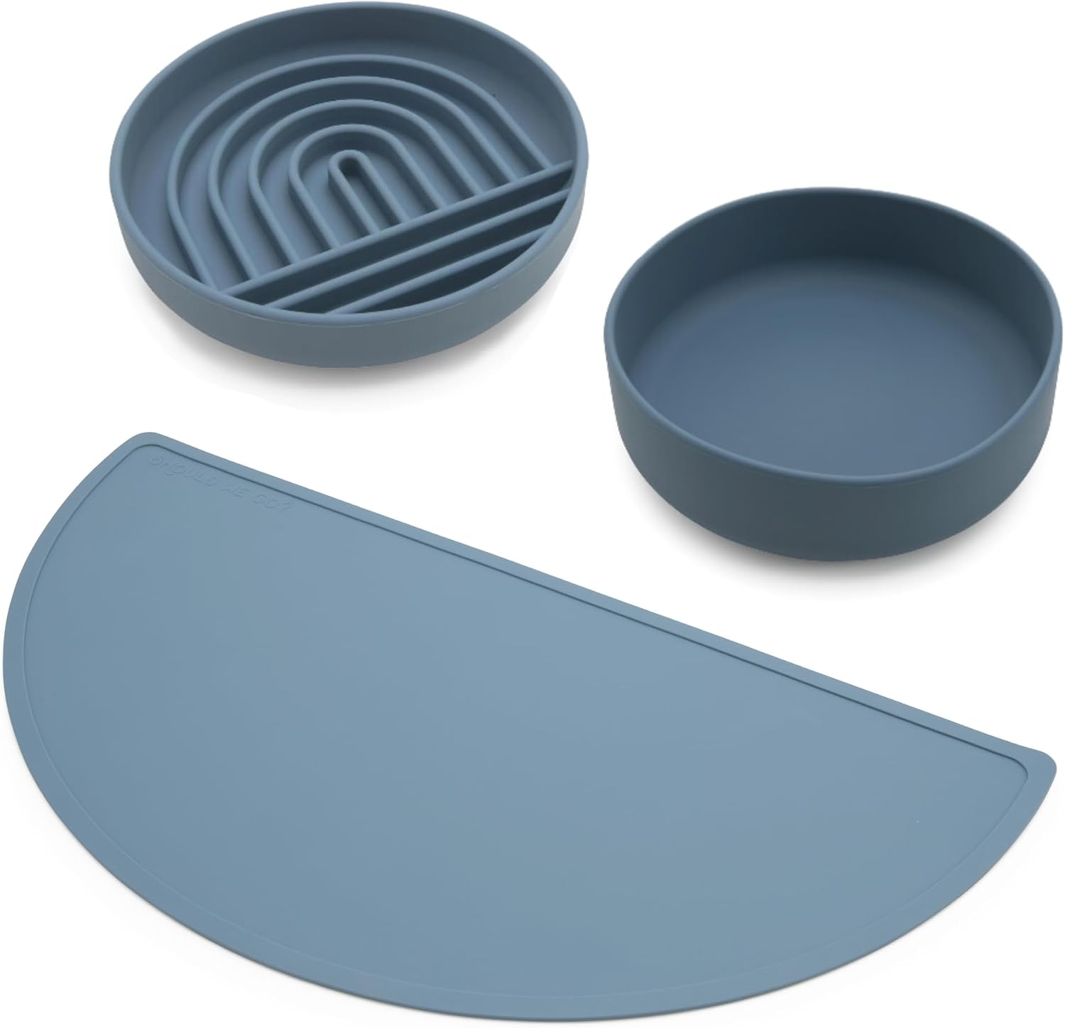 Should We Go? Silicone Pet Feeding Set - Slow Feeder Bowl, Waterproof Mat & No-Spill Water Bowl, Non-Slip, Easy-to-Clean, Durable, Large-Ocean Blue for Dogs & Cats