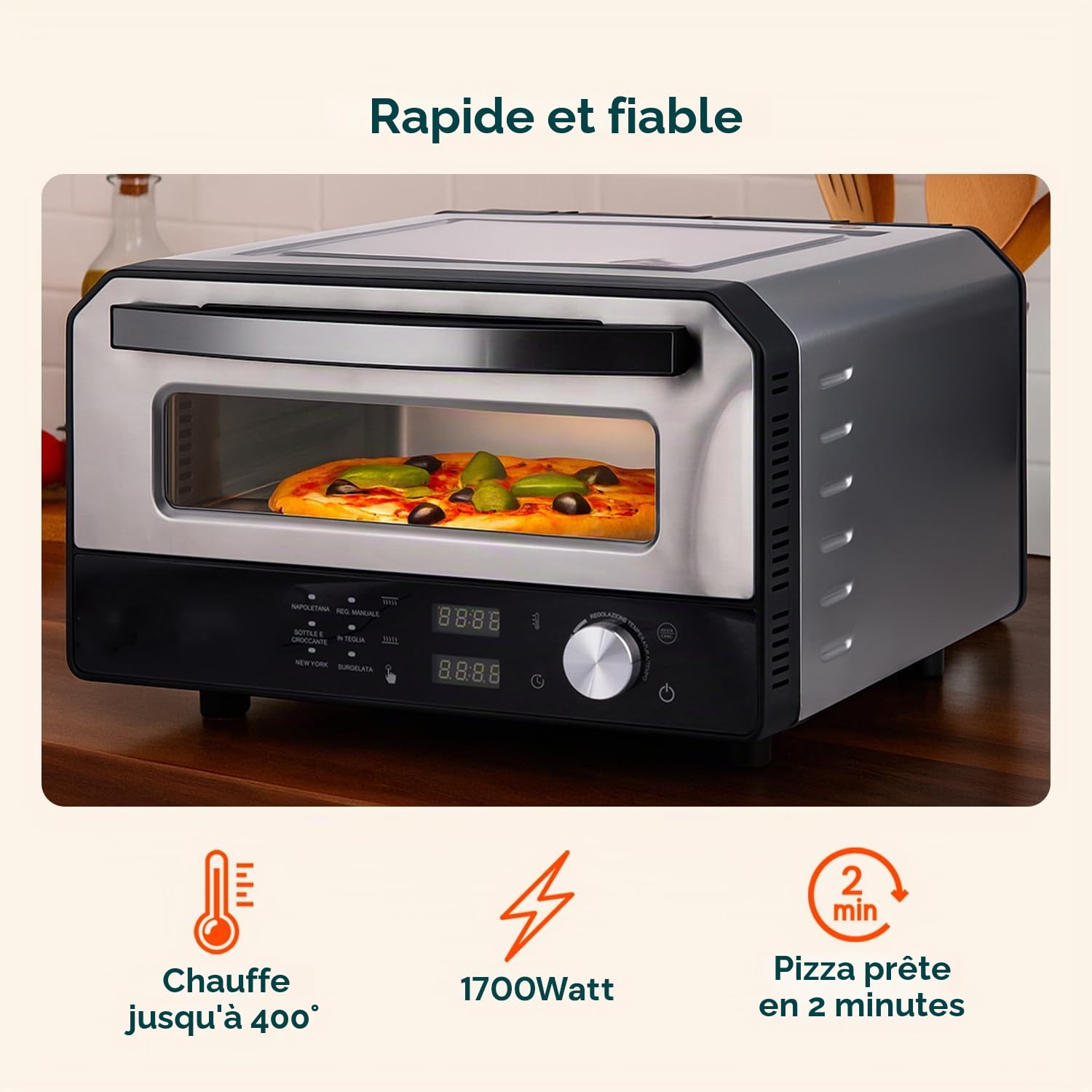 Avilia - Four à pizza électrique à 400 °C avec affichage numérique et 6 programmes de cuisson, y compris pelle à pizza en acier inoxydable, facile à utiliser avec contrôle précis de la température
