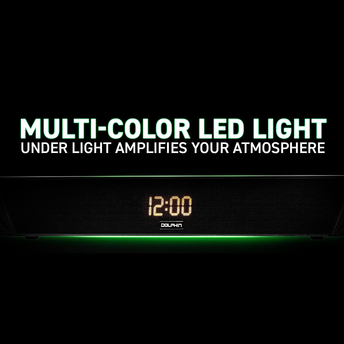 Фронт view of the Dolphin SNB-161R soundbar with its multi-color LED light illuminated in green, displaying the digital clock at 12:00.