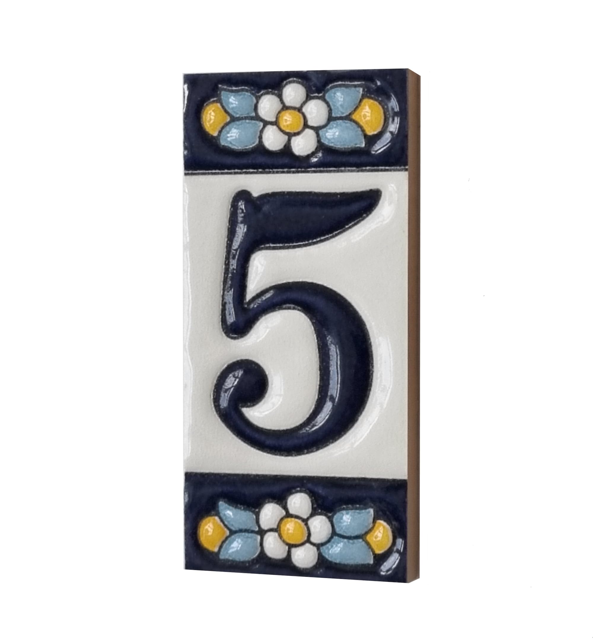 Ceramic House Tile Numbers & Letters, Blue Floral Design, Tile Size: 7.5cm x 3.5cm (Number 5)