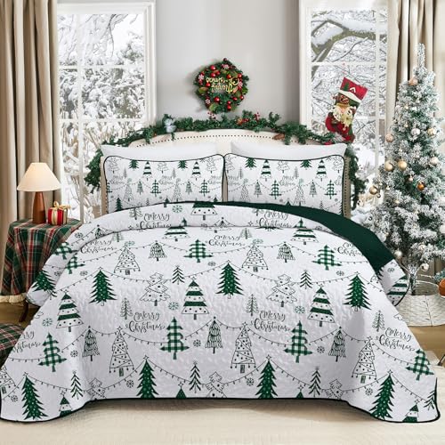Luxudecor Christmas Quilt Set Queen Size 3 Pieces, Christmas Tree