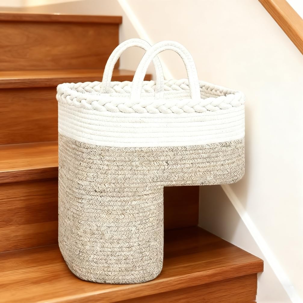 Jaxuzegs Stair Basket for Carpeted Wooden Stairs Cotton Rope Basket Staircase Handles Storage Stair Steps Storage Organizer Home Decor 38 * 25 * 38cm,White