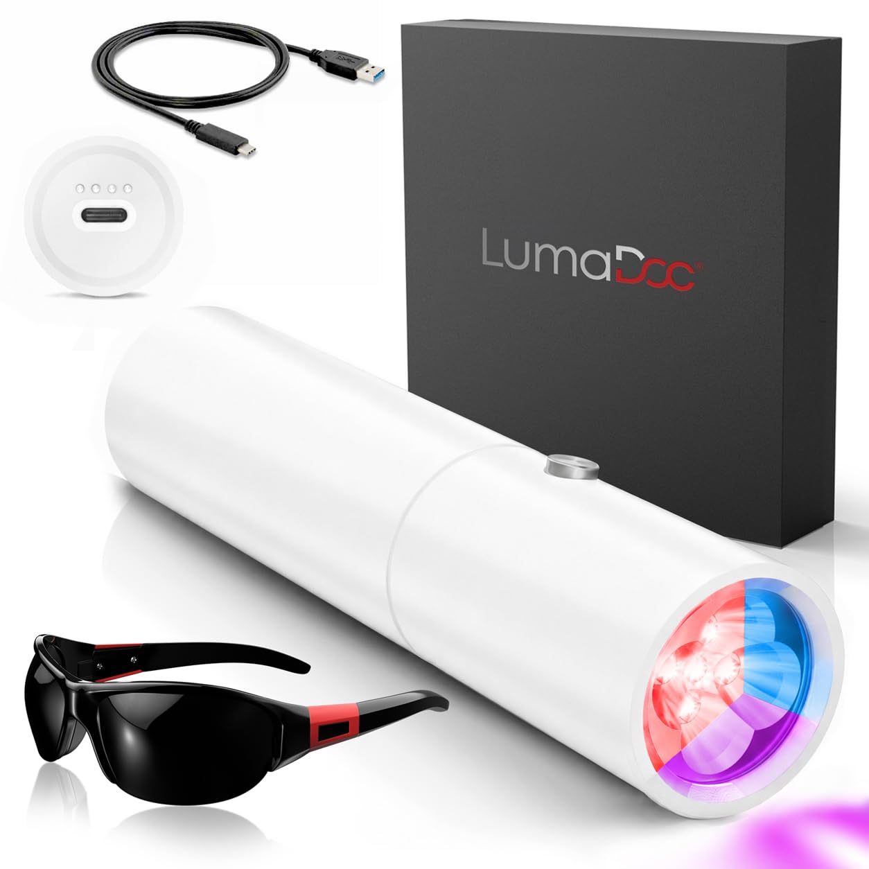 Lumadoc Red, Blue & Near Infrared Light Torch (White), 5 Advanced LEDs