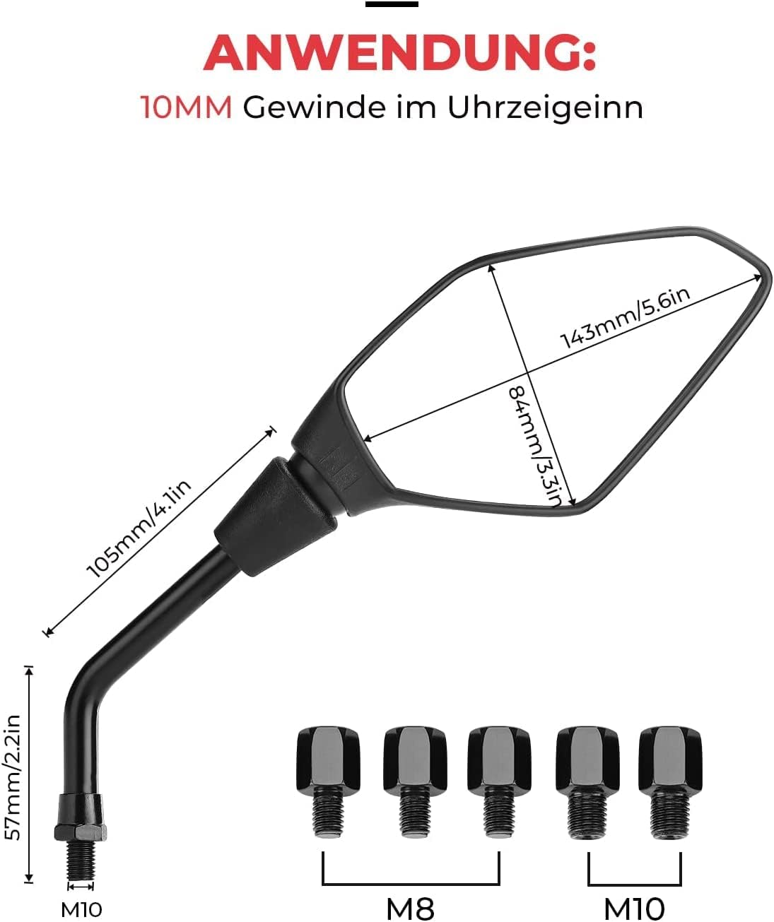 KEMIMOTO Motorrad Spiegel E Geprüft, Universal Mit M8 M10, Rückspiegel Mit Halterung, Für Moped, Roller, Seitenspiegel Kompatibel Mit Meisten Modellen