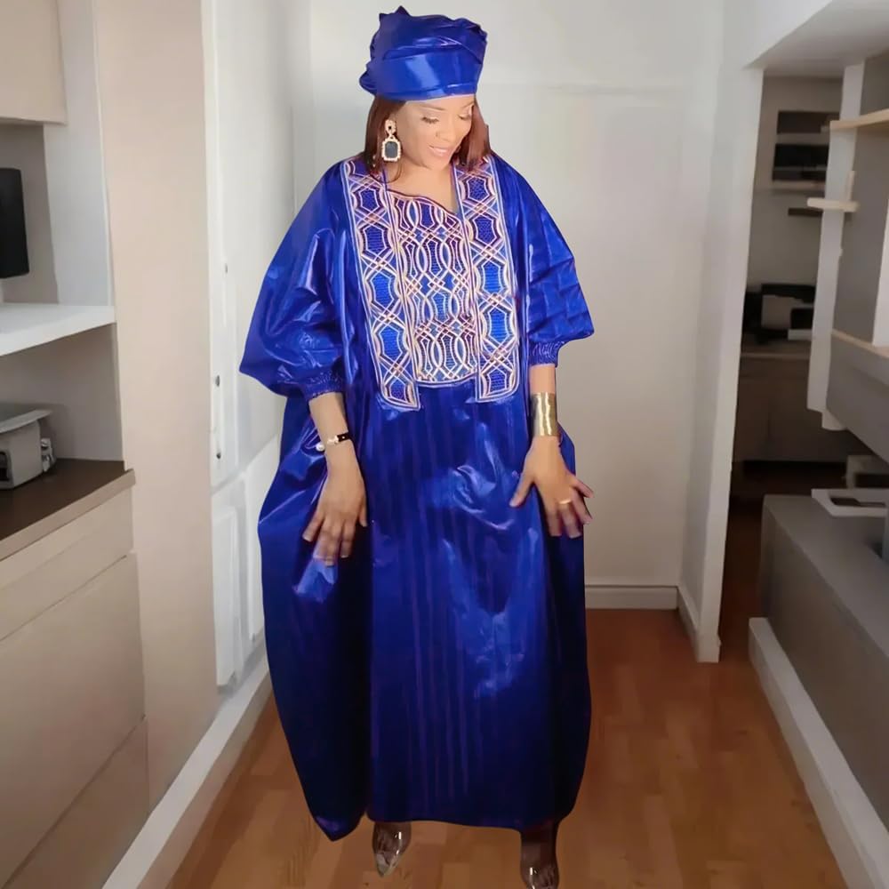 HD African Traditional Bazin Boubou Dress Embroidery Plus Size Maxi Dashiki Gown for Woman - Image 5