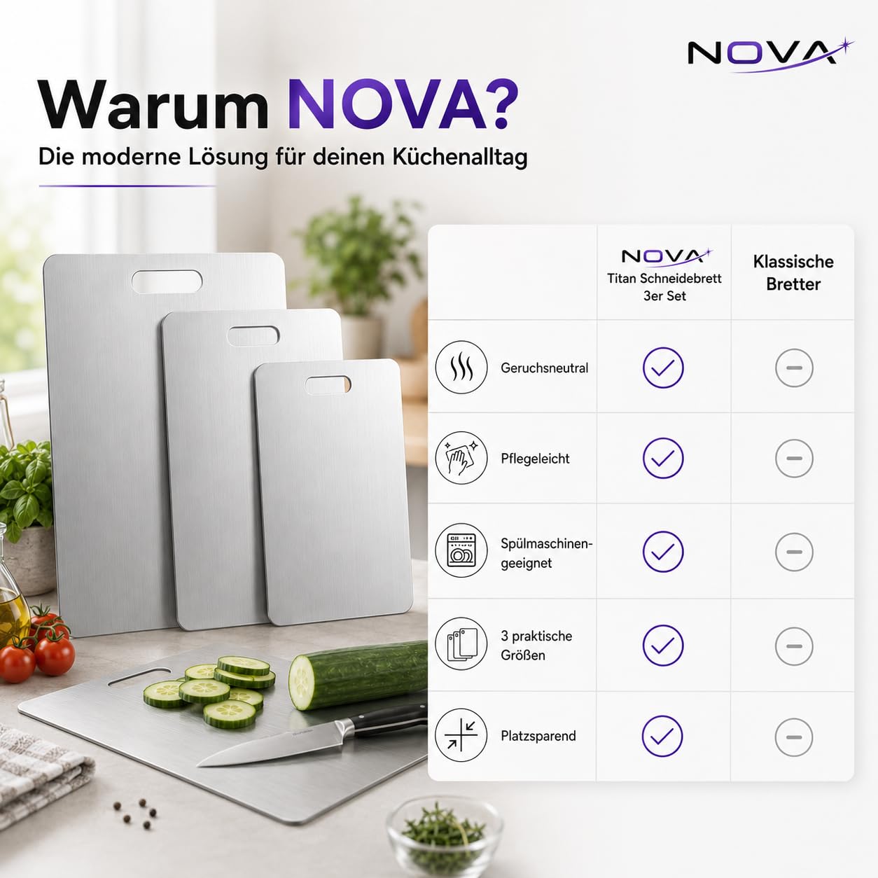 NOVA Titan Schneidebrett 3er Set S M L, Edelstahl Schneidebrett Set spülmaschinenfest, hygienische Schneidebretter geruchsneutral & platzsparend, Titanium Cutting Board für Obst Gemüse Brot Käse