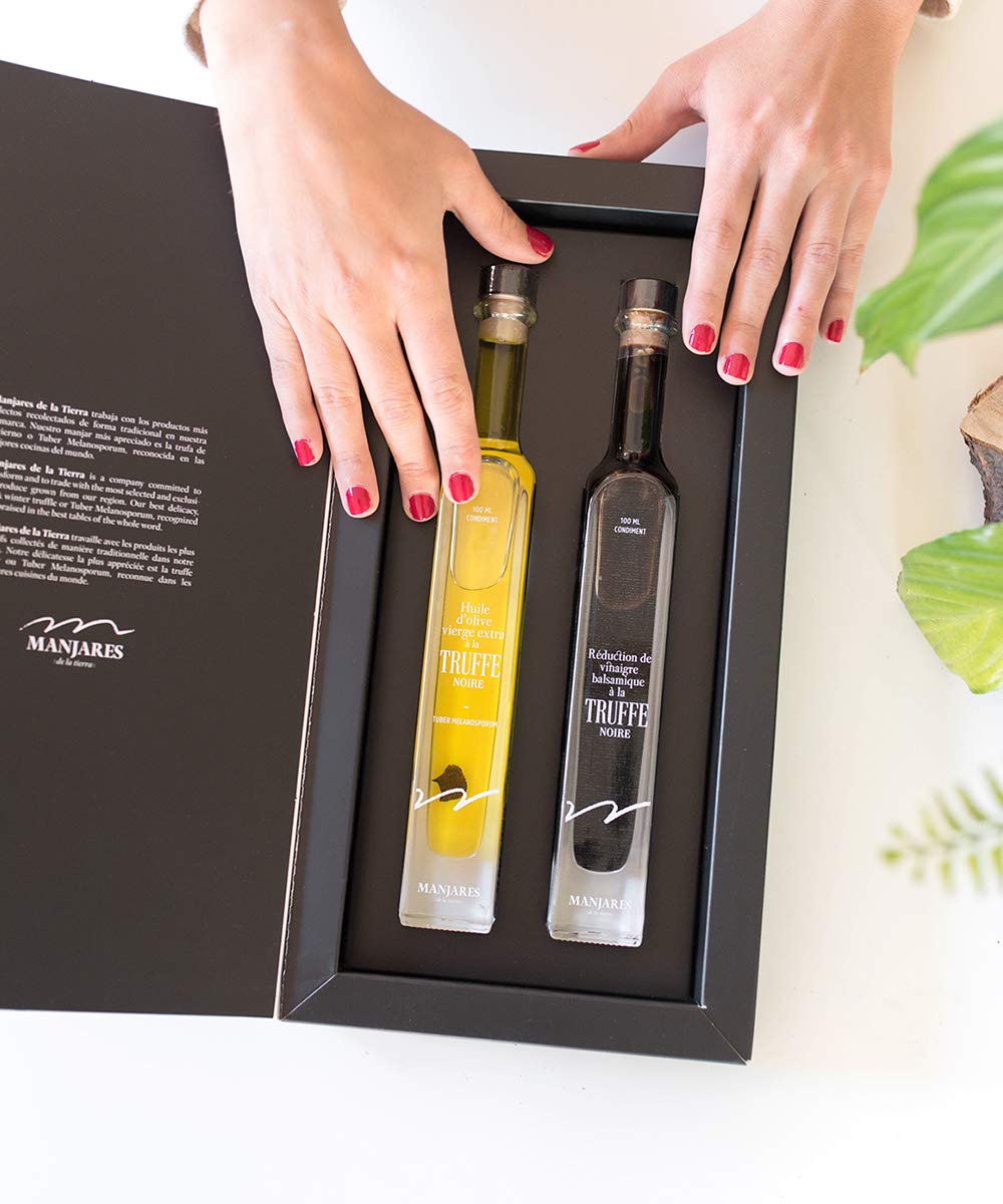 Estuche Regalo con Aceite de Oliva Virgen Extra y Reducción de Vinagre Balsámico con Trufa Negra Tuber Melanosporum ( Dos botellas -100 ml )