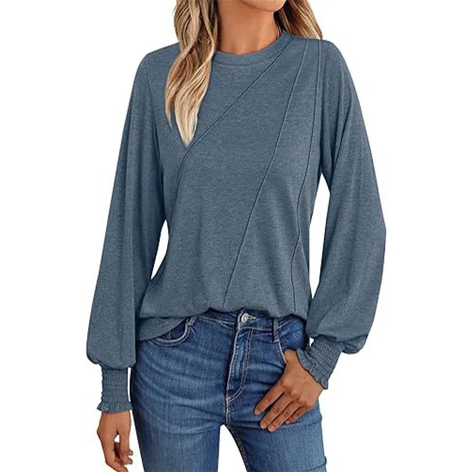 Camiseta holgada de manga larga con cuello redondo para mujer, color liso, plisada, casual