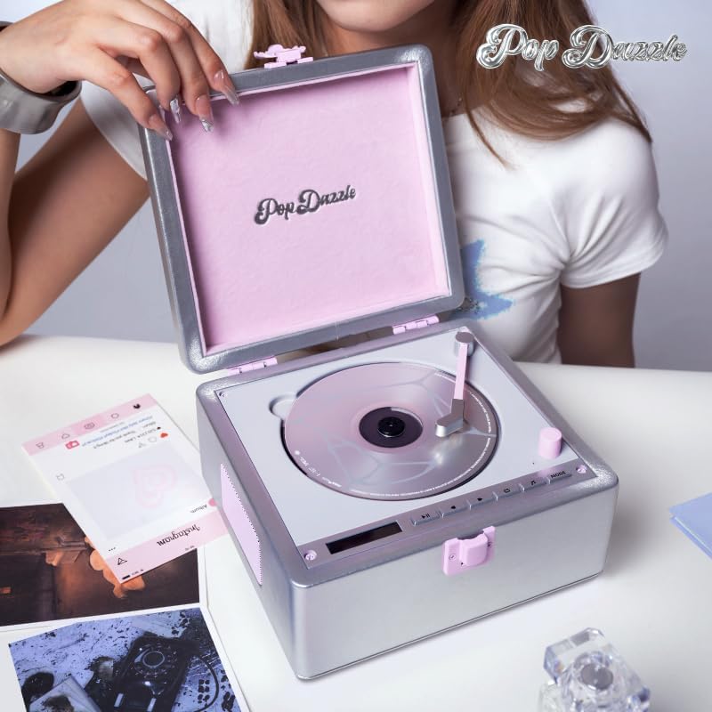 TINYL PopDazzle Futuristic Silver CD Player with Bluetooth Speakers, Cyber Retro Y2K Portable Rechargeable Music Player with Photocard Display, Cool Metallic Desktop Audio