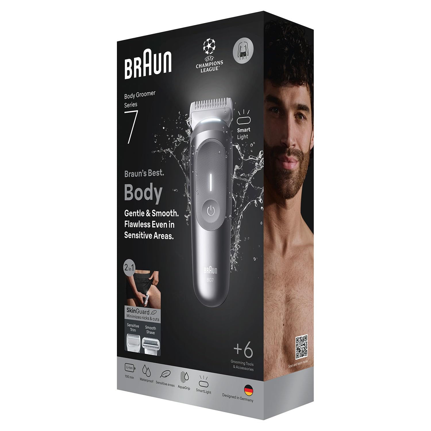 Braun BG7550 Series 7 Haarschneider für Herren, Körper, Brust, Achseln, Beine und Schamhaare mit Smartlight und SkinGuard, 8-in-1-Pflege-Set, wasserdicht mit 6 Clips, 100 Minuten Laufzeit