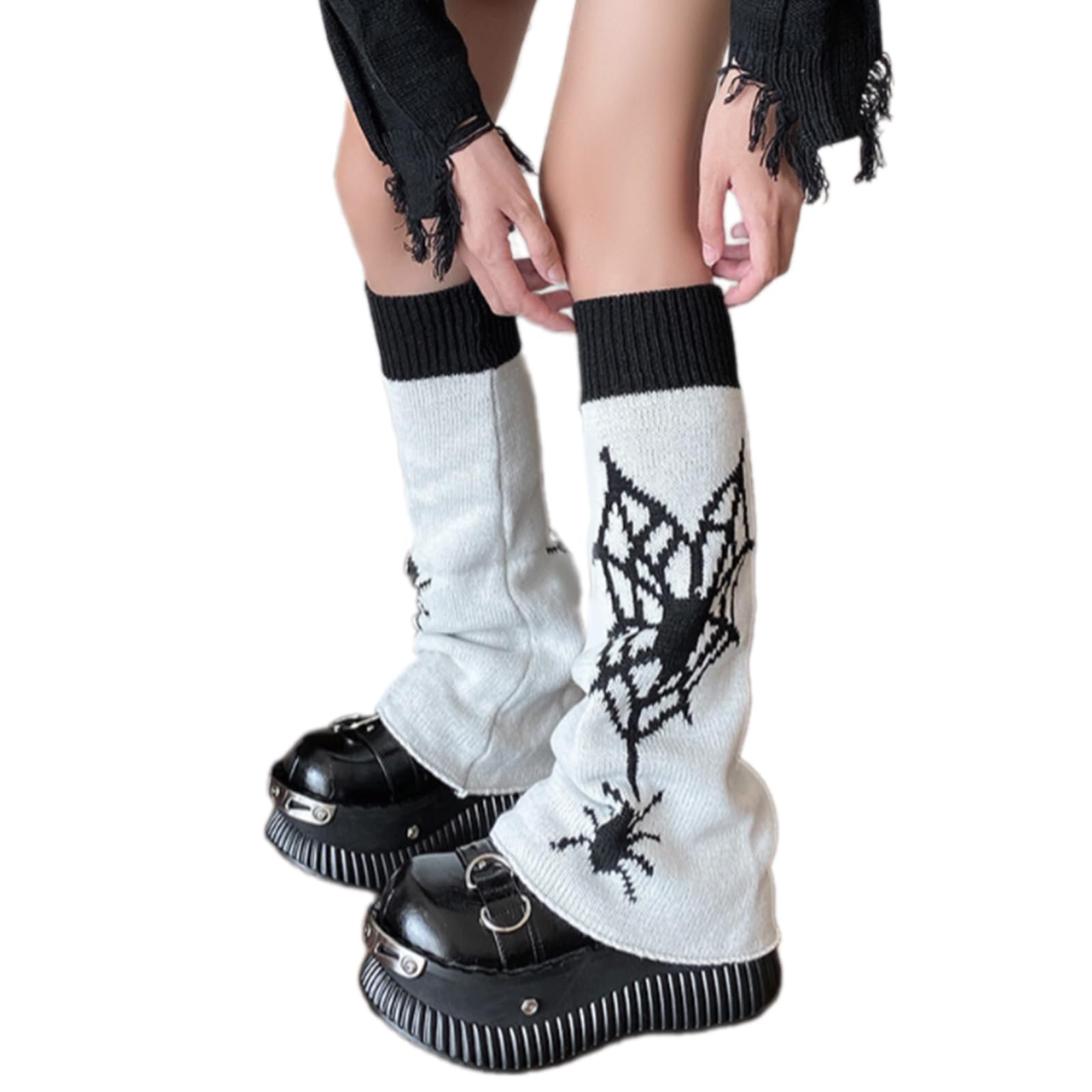 Maxtonser Double Sided Wearable Cats Pattern Long Leg Sleeves for Women Punk Knitted Flared Leg Warmer Covers Baggy Footless Socks