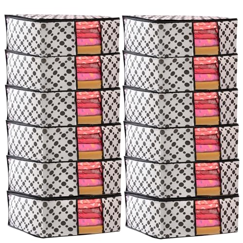 Image of Non-Woven Saree Covers with Zipper & Transparent Window | Clothes Storage Bags for Wardrobe Organization | White Dustproof Garment Storage box with Black Dot for Sarees and Clothes (Pack of 12)