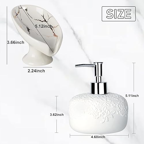 Miniatura 2 de Jabonera de cerámica y dispensador de jabón blanco dispensador de loción blanca de 14 onzas con diseño en relieve soporte de jabón en forma de hoja