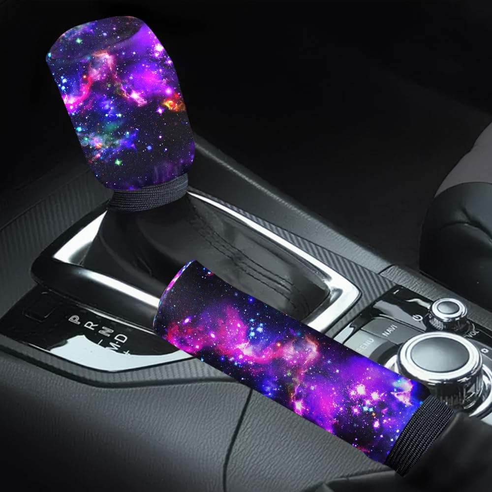 WIRESTER Car Handbrake Cover with Gear Shift Knob Cover Set, Universal Auto Interior Accessories Decoration for All Cars - Purple Nebula Galaxy