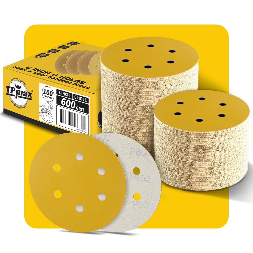 100PCS 6 Inch 600 Grit 150mm 6 Hole Sanding Discs Sandpaper - Premium Gold Round Hook and Loop for Random Orbital Sander - Ideal for Wood, Metal,