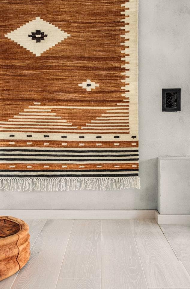 RugVista Tribal, Alfombra Kilim Moderna, Pelo Corto, 140 x 200 cm, Rectangular, Calidad cert. Care & Fair, Lana, Pasillo, Dormitorio, Cocina, Salón, Comedor, Despacho, Mostarda