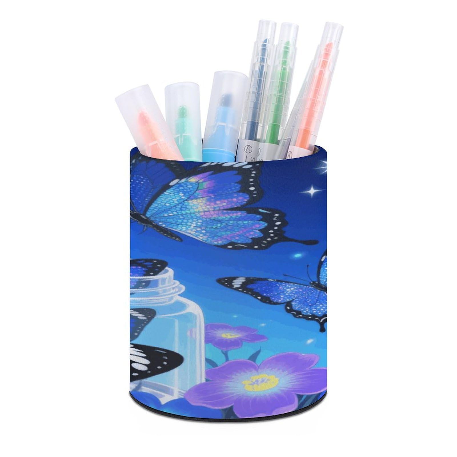 VstaDank - Blue Glitter Butterfly Pen Holder Round Pencil Holder PU Leather Desk Organizer Holder for Office Desk Home Decor (3.1 x
