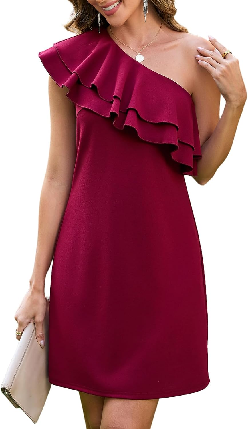 oten Women's Elegant Ruffle Trim One Shoulder Summer Wedding Guest Cocktail Party Short Dresses