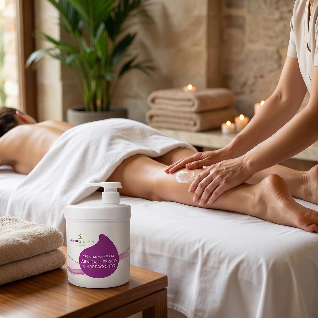 PHYSIOCEUTICALS - Crema Masaje Árnica Hipérico Harpagófito 1000ml + Dosificador - Uso Profesional, Especialistas, Fisioterapia y Quiromasaje profesional