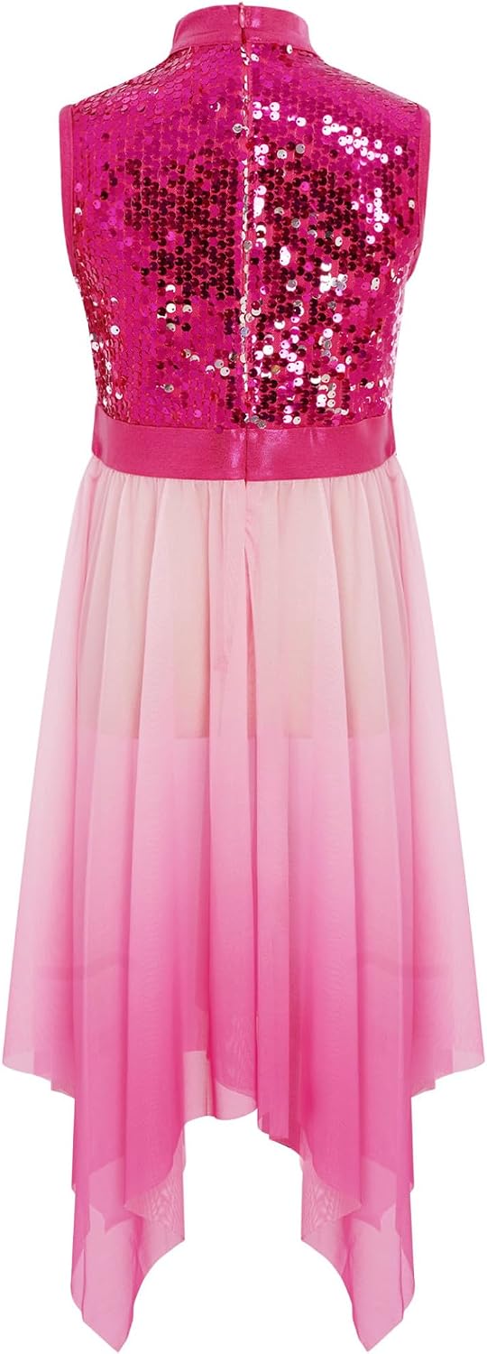 Jugaoge Kids Girls Sequins Gradient Liturgical Praise Dance Tunic Irregular Hem Church Worship Overlays Lyrical Dance Dress