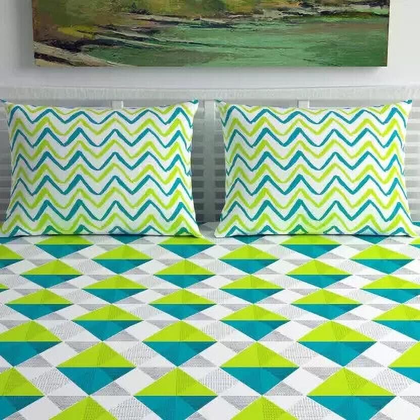 Image of La Verne 104 TC Cotton Double Bed Bedsheet Jaipuri Rajasthani Print Bedsheet with 2 Pillow Covers (White,Green)