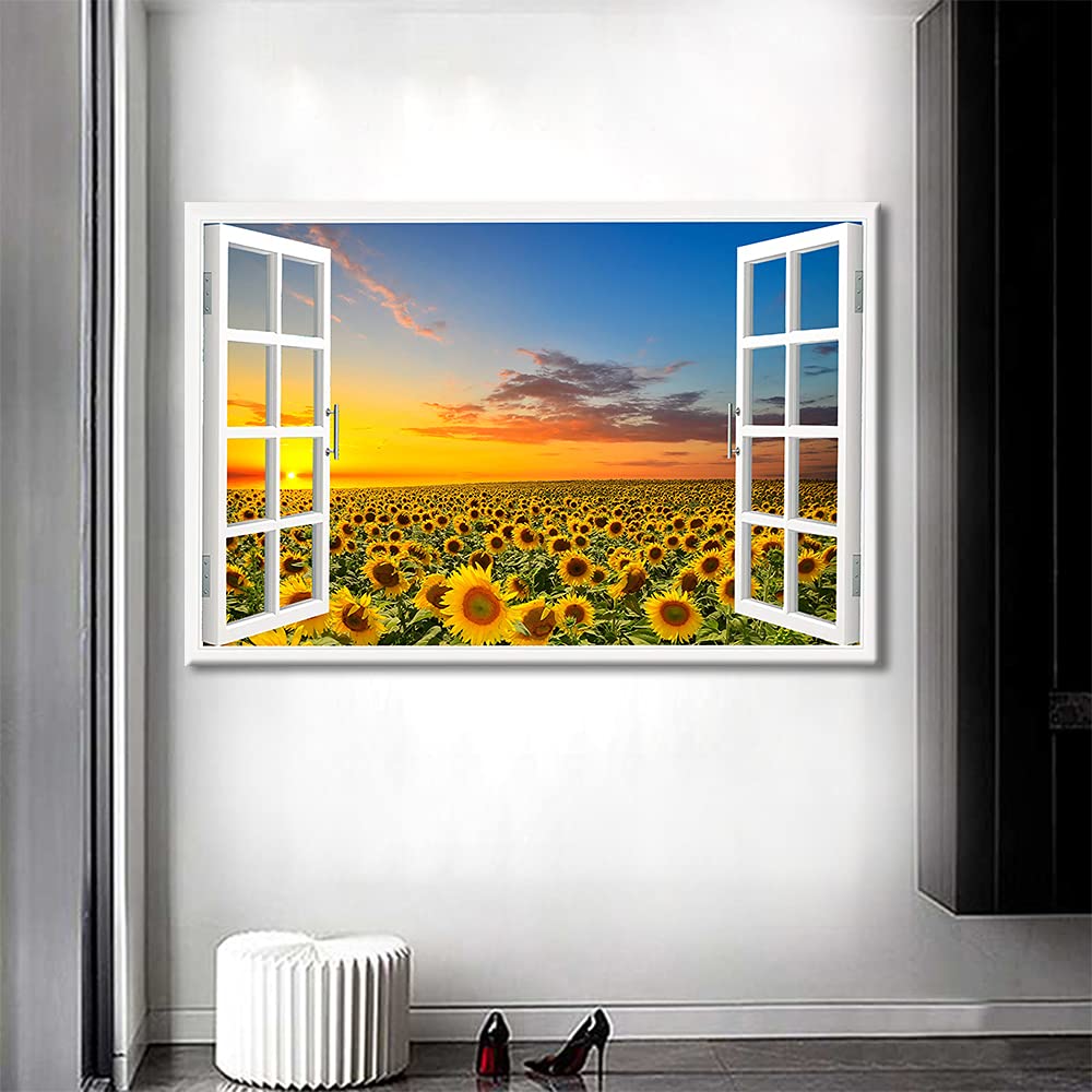 TISHIRON Wall Decorations Sunflower 3D Window View for Living Room Painting Pictures Print On Canvas Wall Art Wooden Frame Ready to Hang (36X24in) — view 3