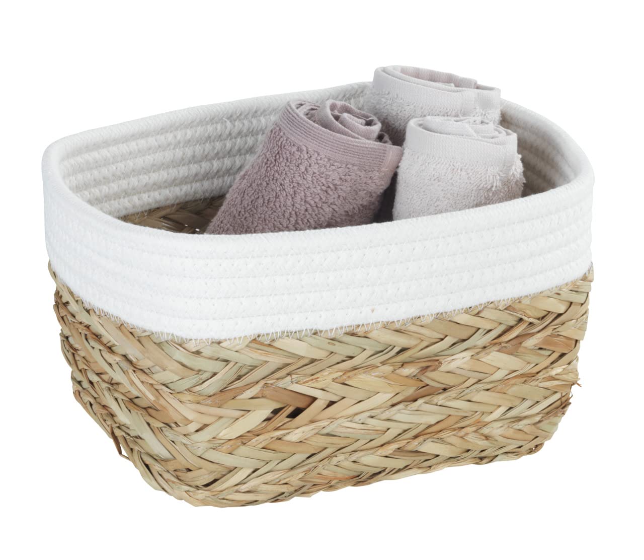 WENKO Aufbewahrungskorb Rika M – Aus Borstengras & Baumwolle, 18x25x15 Cm, Braun/weiß, Für Bad, Küche, Wohnen