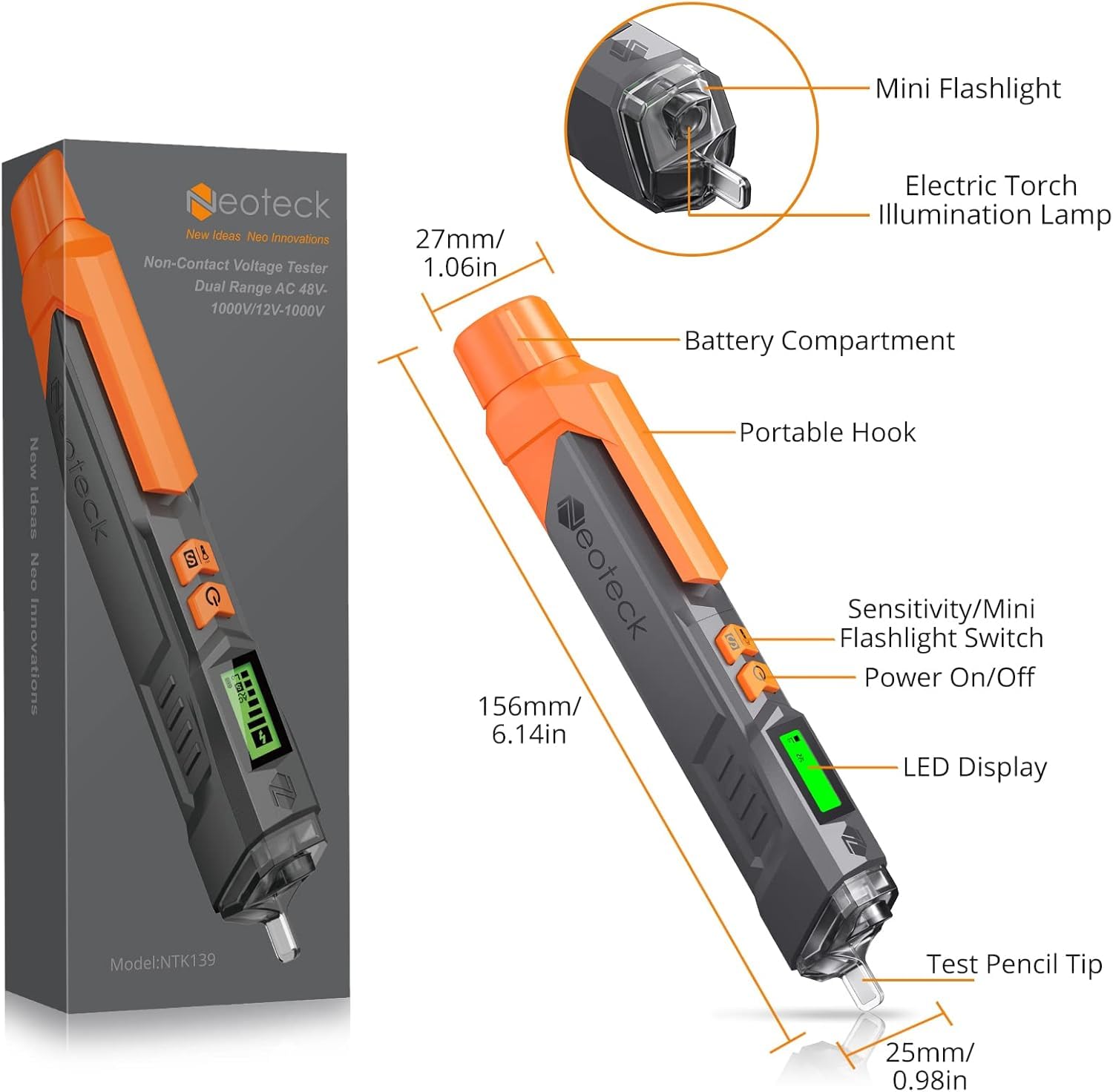 Neoteck Bezkontaktowy Tester Napięcia Cyfrowy 12-1000V/48-1000V Regulowana czułość Bezkontaktowy tester faz Tester prądu z wyświetlaczem LCD, brzęczykiem, wyszukiwarką punktów przerwania przewodu | Regulowany czujnik podwójnej czułości 12 V/48 V-1000 V. L