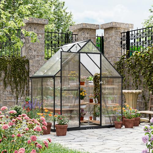 ALAULM Polycarbonat Gewächshaus 175x113x195cm mit abschließbarer Tür, Satteldach, Lüftungsfenster & Regenrinnen, Wetterfest für Terrasse & Garten (Schwarz)